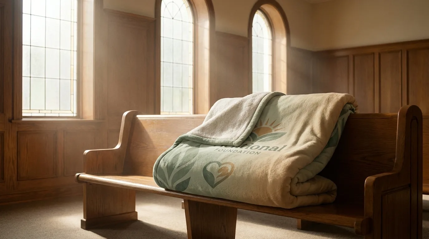 Folded patterned comfort blanket resting on a wooden bench in a sunlit hospital chapel