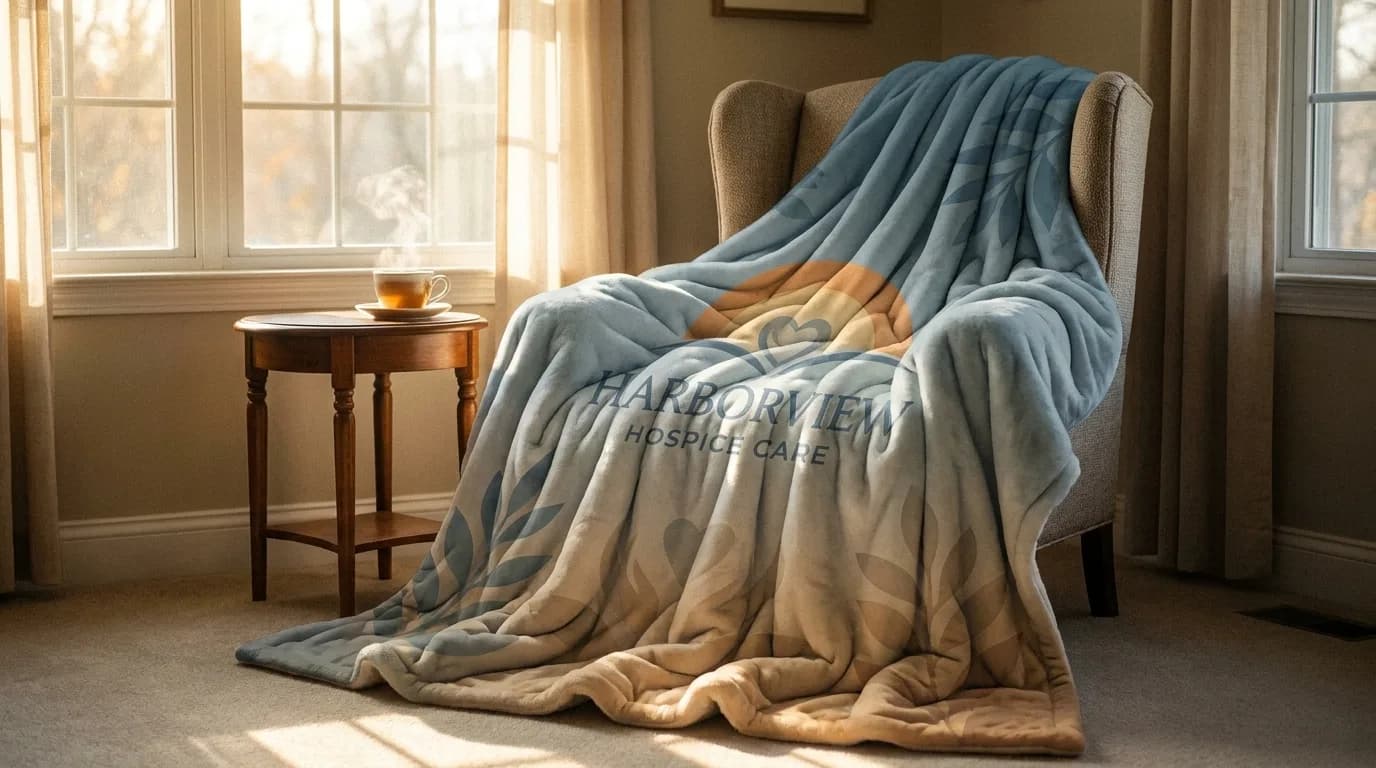 Plush ombre comfort blanket draped over a wingback armchair beside a cup of tea in warm window light