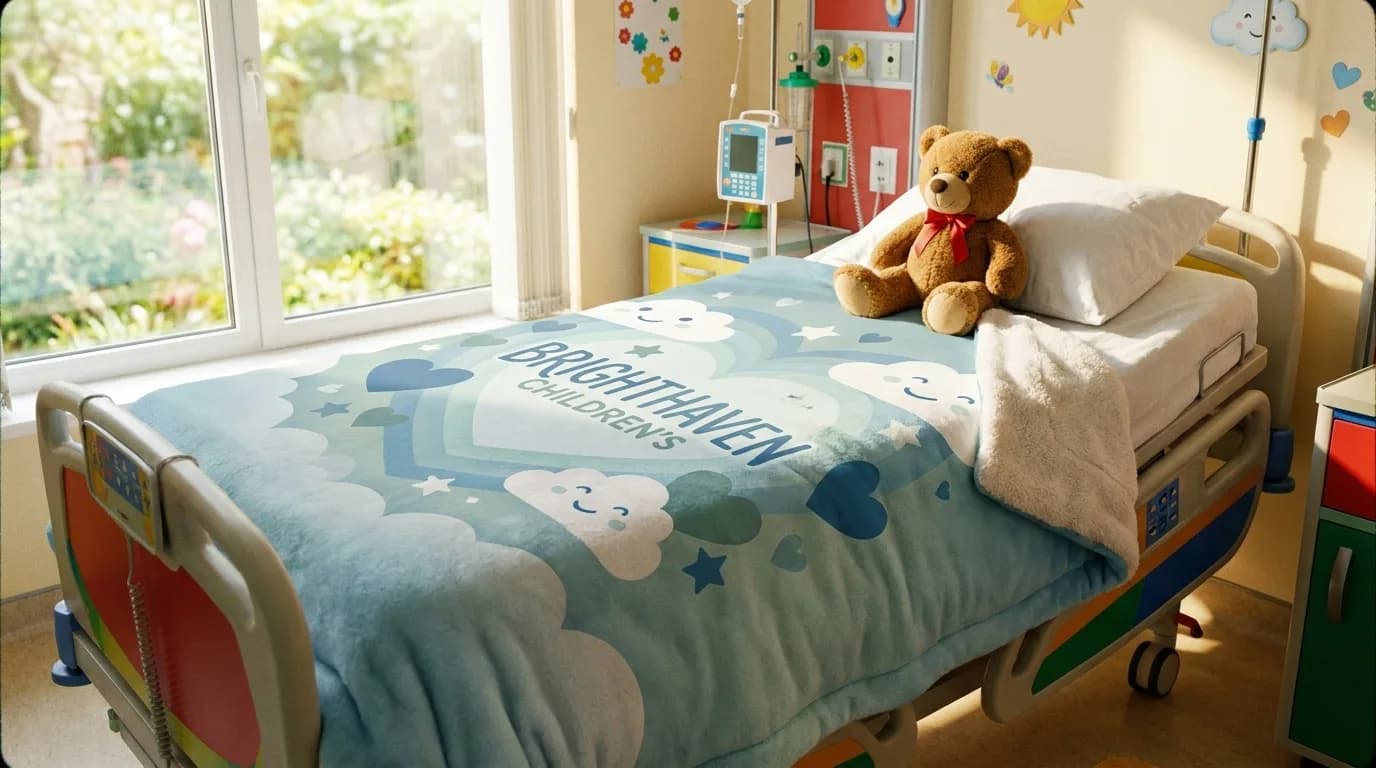 Children's hospital bed made up with a cloud-print branded comfort blanket and a teddy bear on the pillow