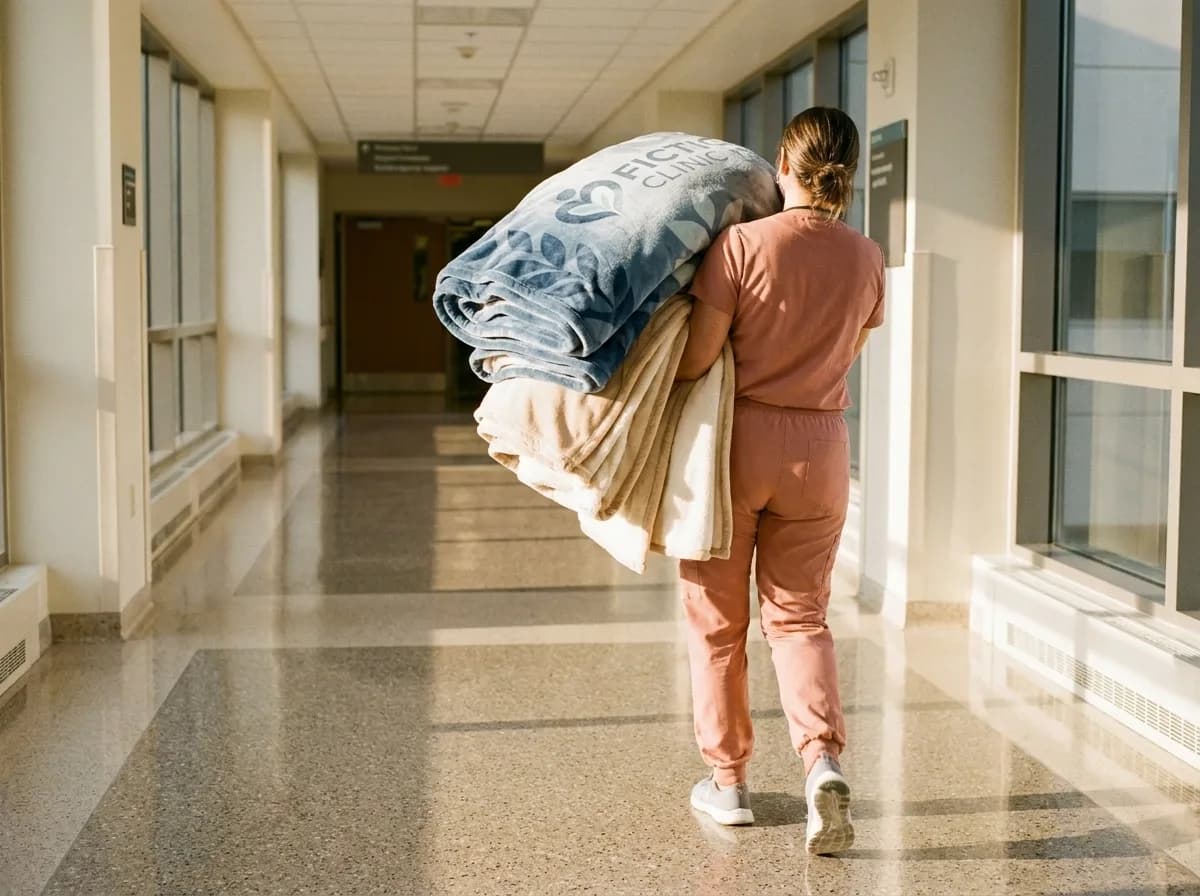 A team member carrying a tall stack of folded custom plush blankets down a sunlit facility corridor