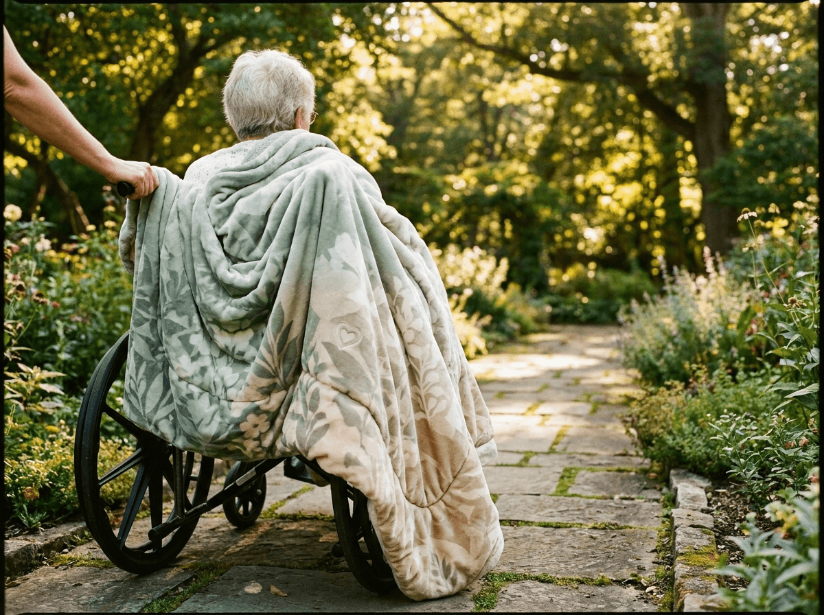 Resident in a wheelchair wrapped in a botanical-print plush comfort blanket on a sunlit garden path
