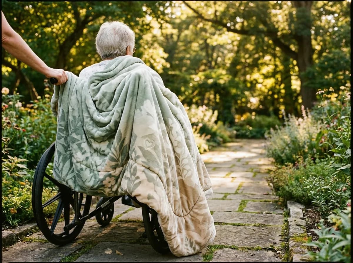 Resident in a wheelchair wrapped in a botanical-print plush blanket on a sunlit garden path