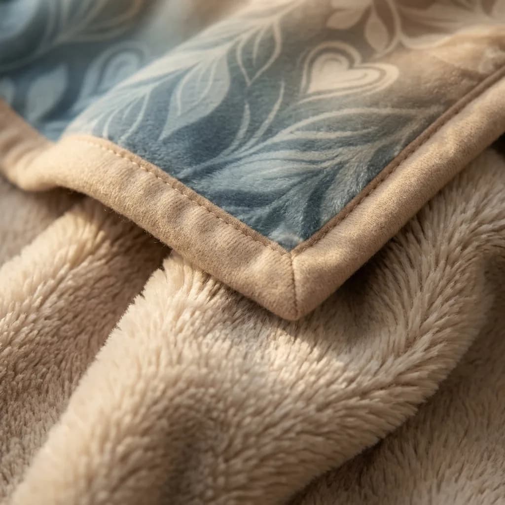 Macro close-up of dense NubaySoft plush and stitched satin binding on a custom printed blanket