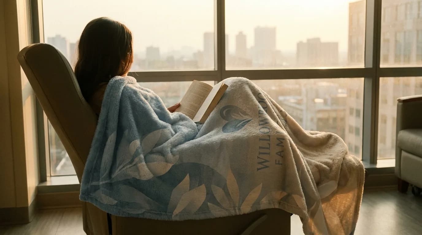Person reading in a chair by a hospital window wrapped in a custom printed plush blanket