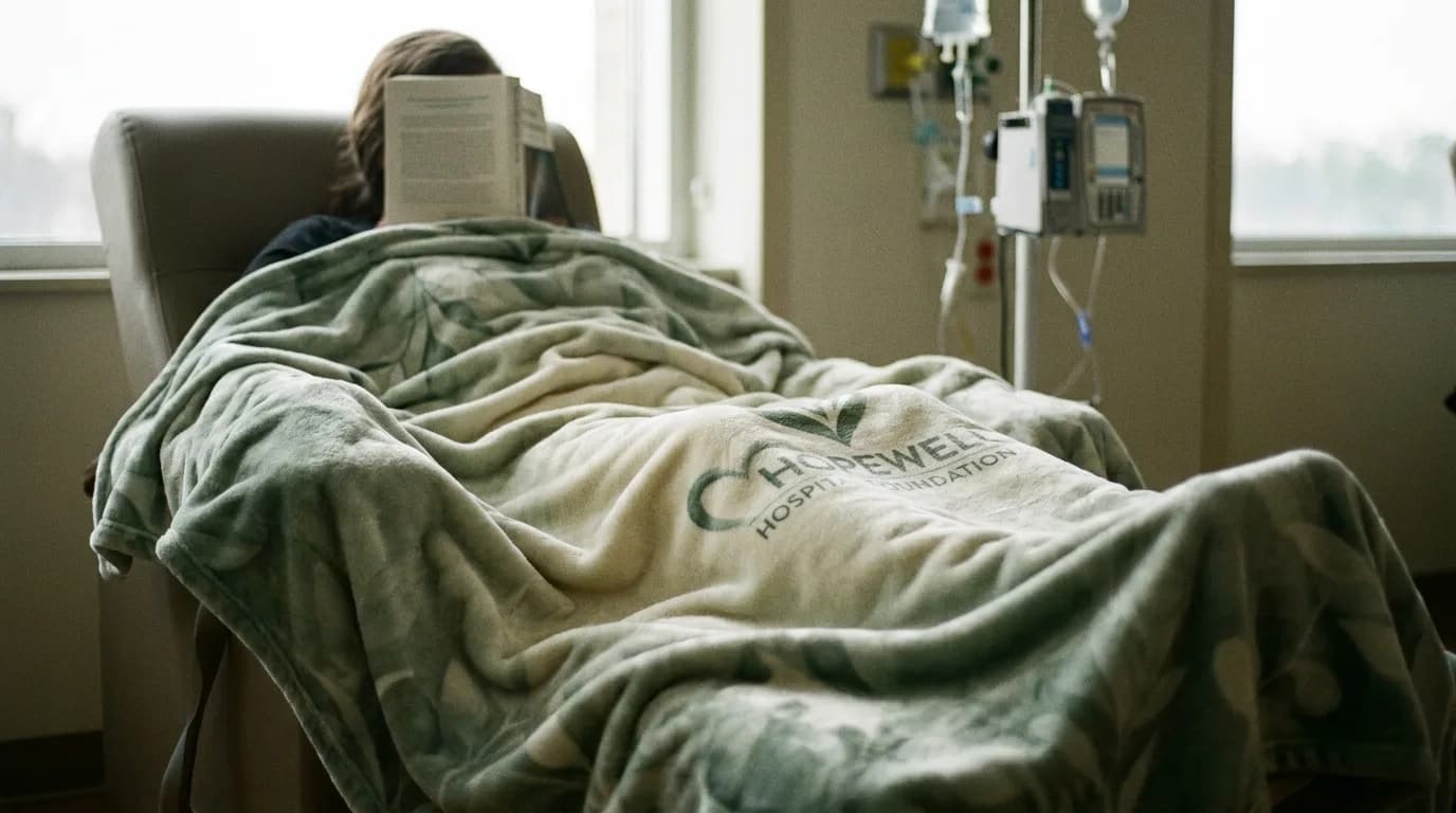 Patient resting under a custom branded plush blanket beside an IV pole during an infusion