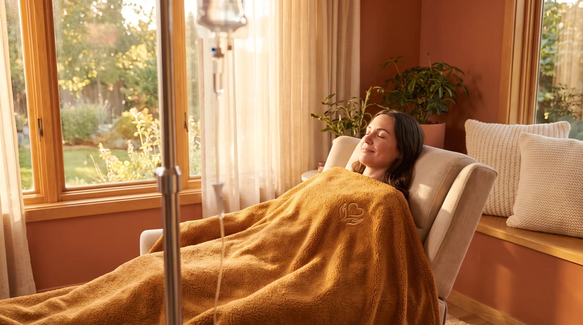 An adult patient resting in an infusion recliner beside a sunlit window, wrapped in a facility-branded plush blanket in warm afternoon light