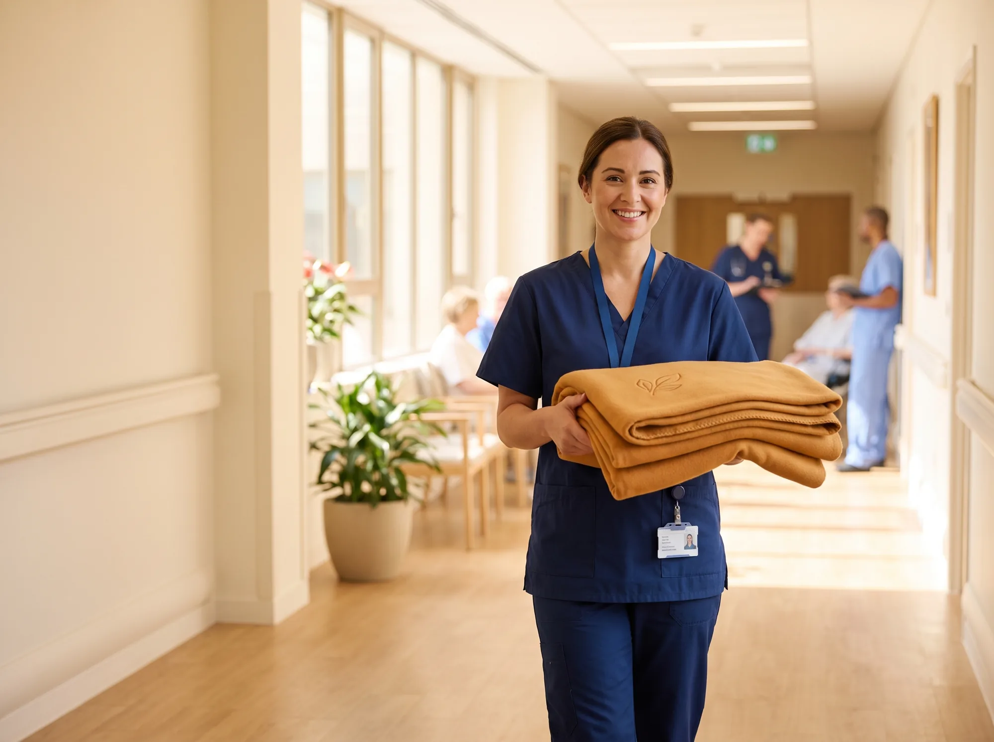 A team member carrying a tall stack of folded custom plush blankets down a sunlit facility corridor